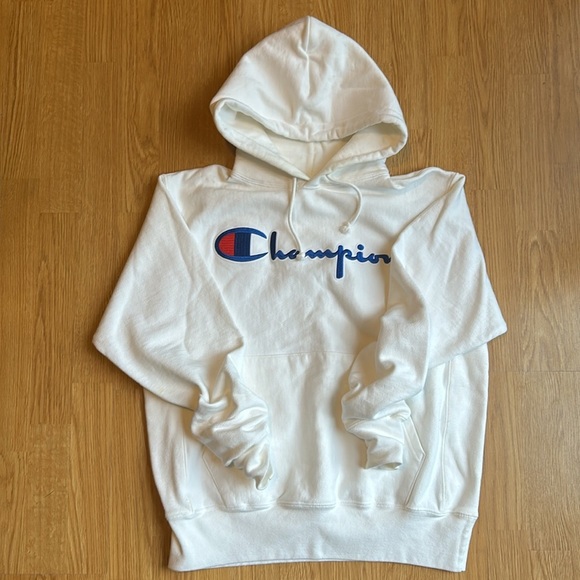 Champion Reverse Weave White Hooded Sweatshirt. Size L - Picture 1 of 8